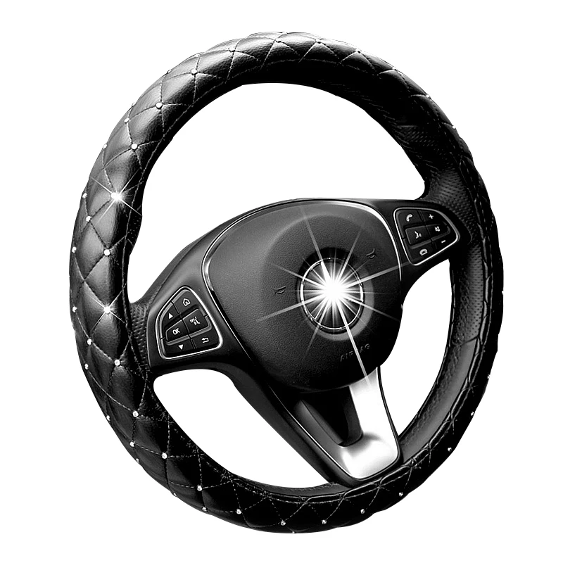 Universal 38cm Bling Rhinestones Crystal Car Handcraft  Soft Leather Steering Wheel Cover for Girls ladies