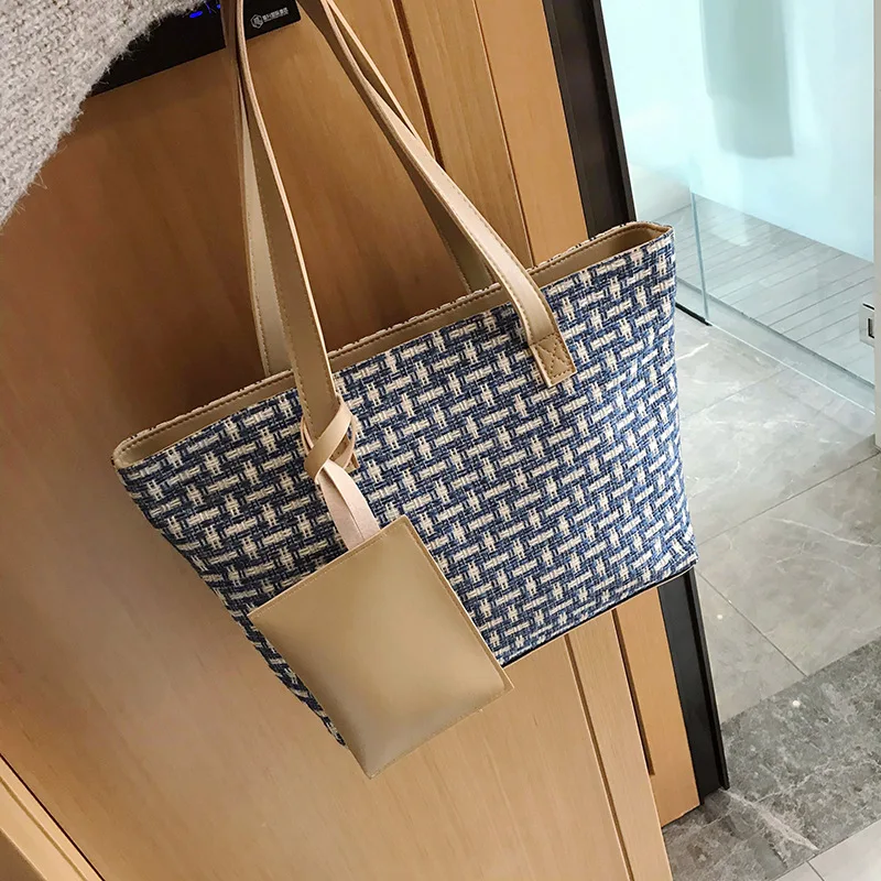 New Arrival Fashion Woven Shopping Bag Large Capacity 2 Pcs Mother Handbag And Purse Leisure Shoulder Bag Set