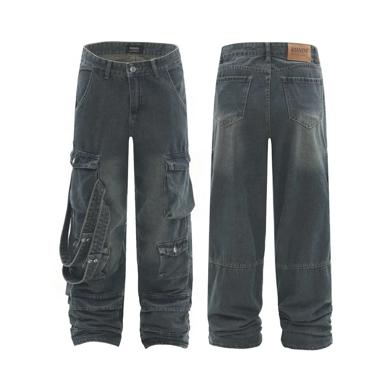 Popular Hip-hop High Street Denim Design Sense Strapped Multi-pocket Workwear Casual Baggy Men Cargo Jeans