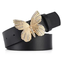 High Quality Butterfly Buckle Rhinestones  Belt Fashion Womens Synthetic Leather Belt Casual Jeans Belt