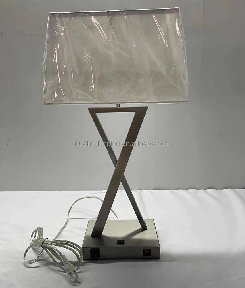 UL listed Best Western hotel project guestroom satin nickel nightstand table lamp X-131 with power outlet and USB port