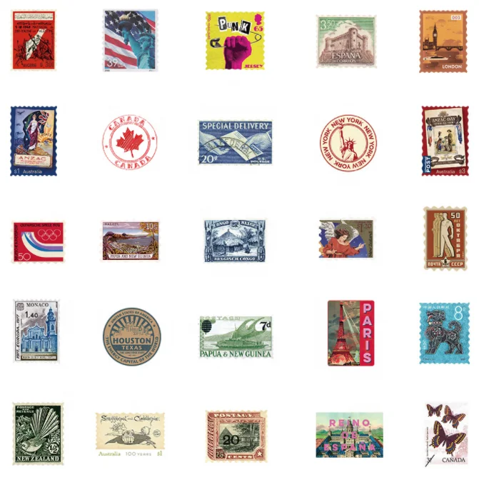 Vintage Postage Stamp Stickers Set -Deco Paper Sticker for Scrapbooking Bullet Journaling Planner Travel Diary