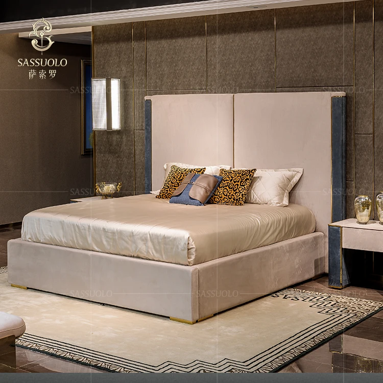 Sassuolo modern fabric queen king size bed environmentally friendly E0 solid wood bed wholesale apartment double bed