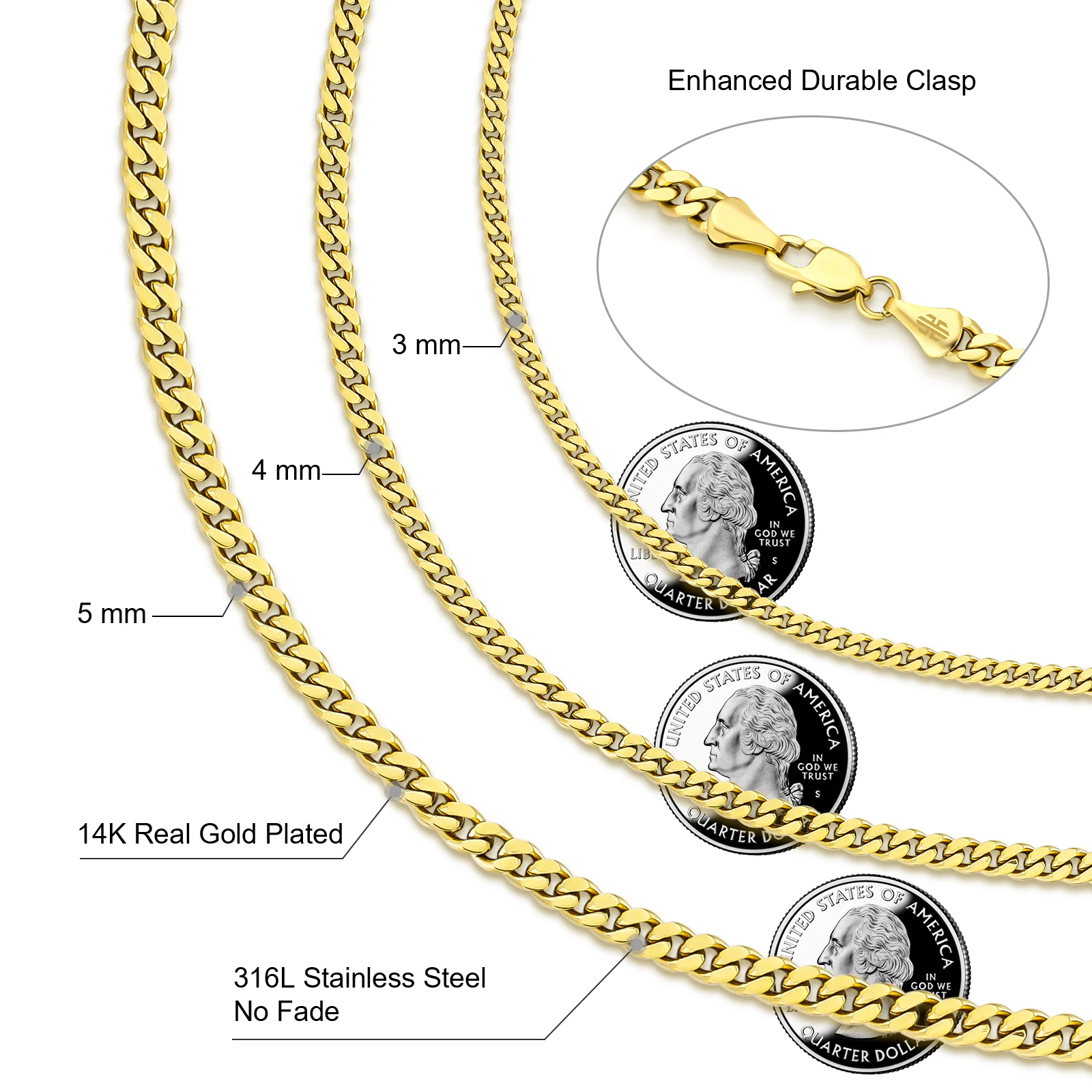 14K Real Gold Plated Chain Men Necklace 3/4/5/6/8mm Stainless Steel Jewelry Women Miami Cuban Link Cubanas Cadena De Oro 14K