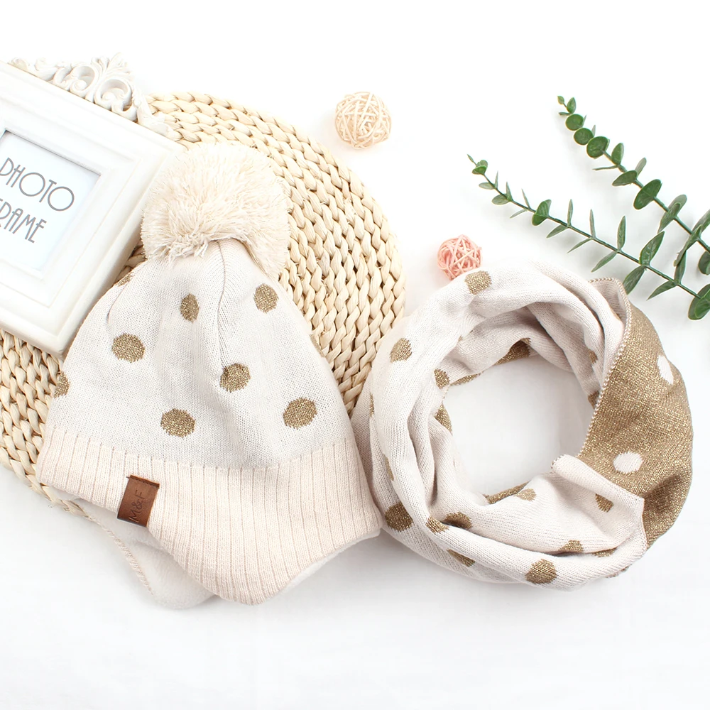 Pompom Dots Beanie for Children Winter Boys 100% Acrylic Warm Scarf Girls Knitted Kids Hat with Scarf Set