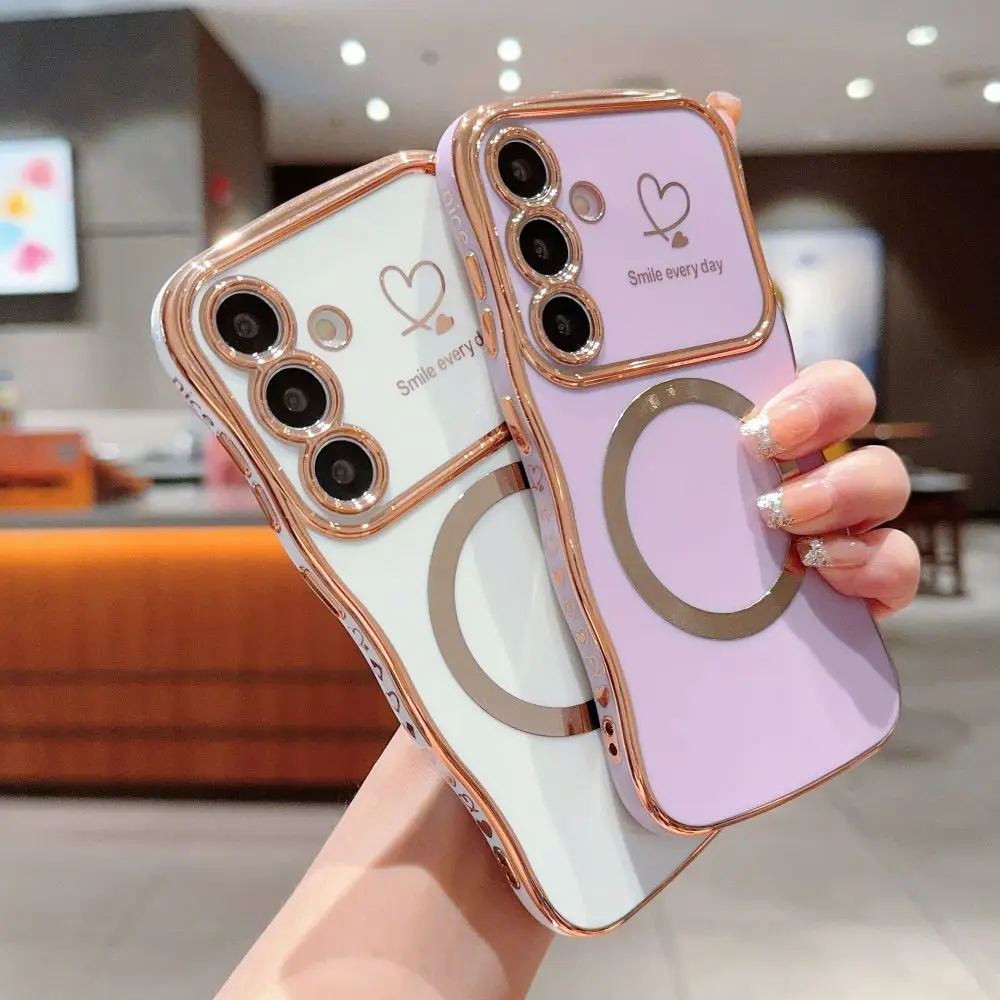 for Samsung S24 Plus Case Magnetic for Women Girls Cute Wave Frame Love Heart Luxury Plating Compatible Shockproof Back Cover