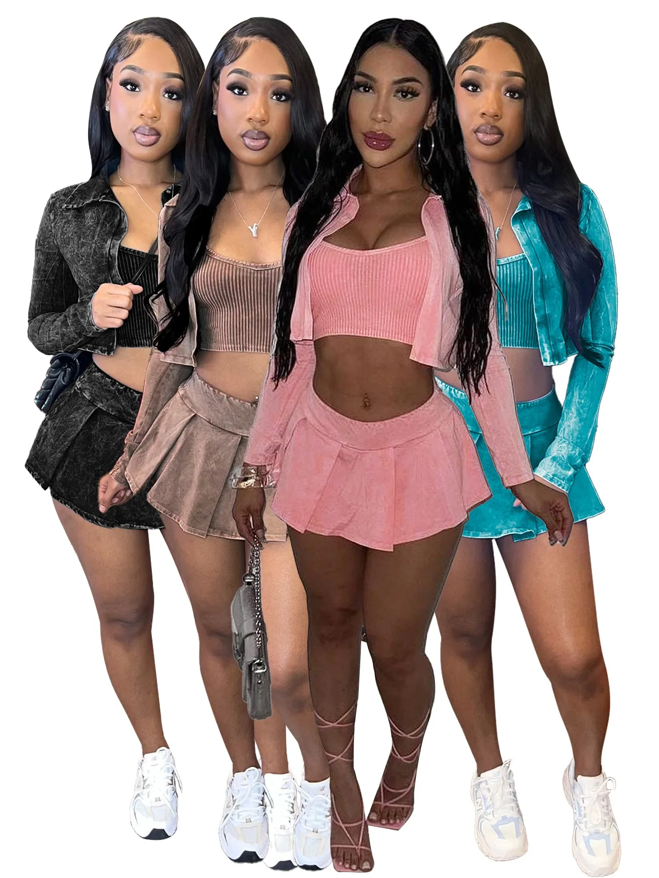 2024 Spring  Outfits Sexy 3 Pieces Set Women Long Sleeve Washed Shirts and Mini Skirts+Pants and Tank Top