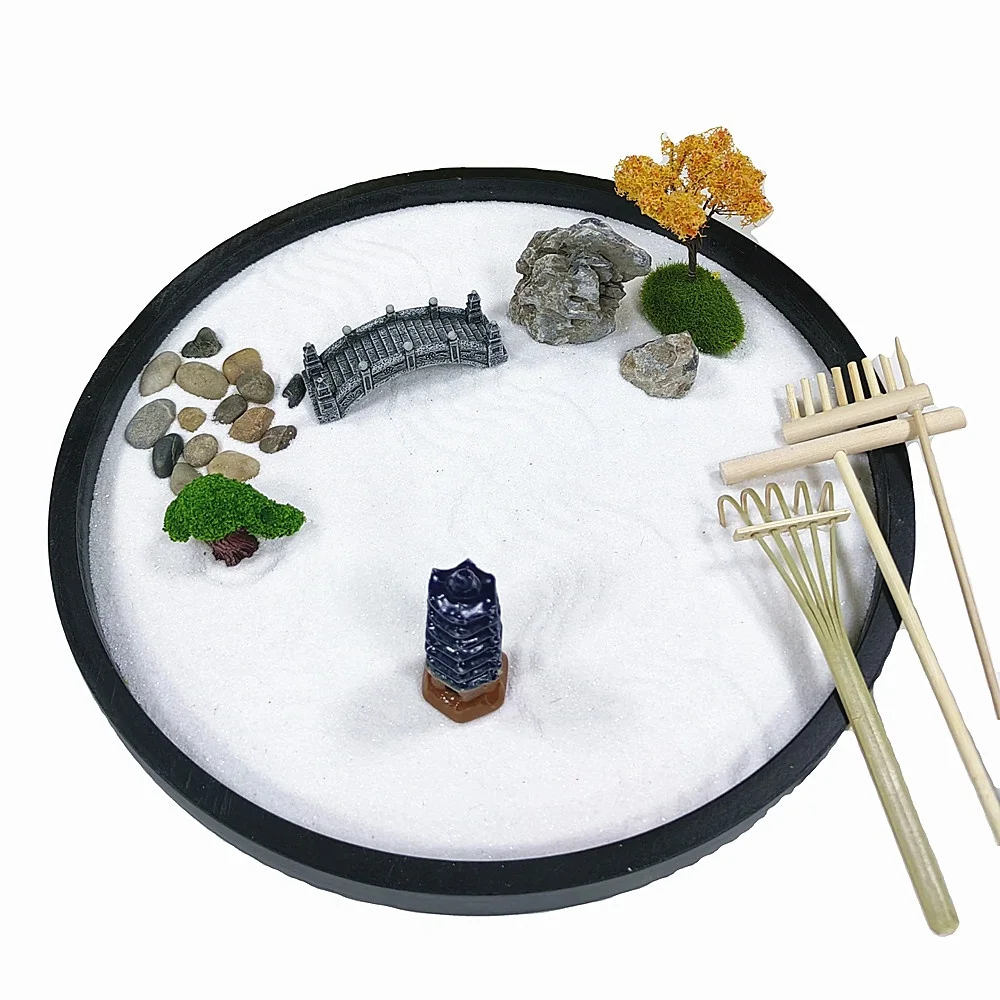 Japanese Zen Garden Desk Accessory Set Mini Home Decor with Sand Artificial Bonsai Tree Rocks Rakes for Room Use