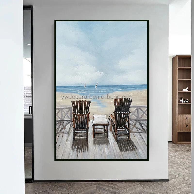 Coastal Canvas Wall Art Beach Chair Art Handmade Oil Painting Seascape Painting For Bathroom Home Wall Decor