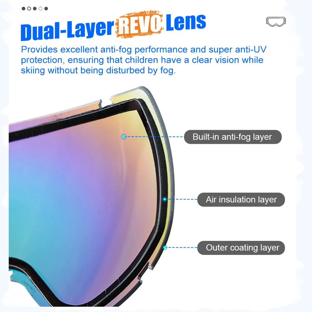 Детские противотуманные лыжные очки с двухслойными линзами REVO TPU Frame регулируемый ремешок для зимних видов спорта