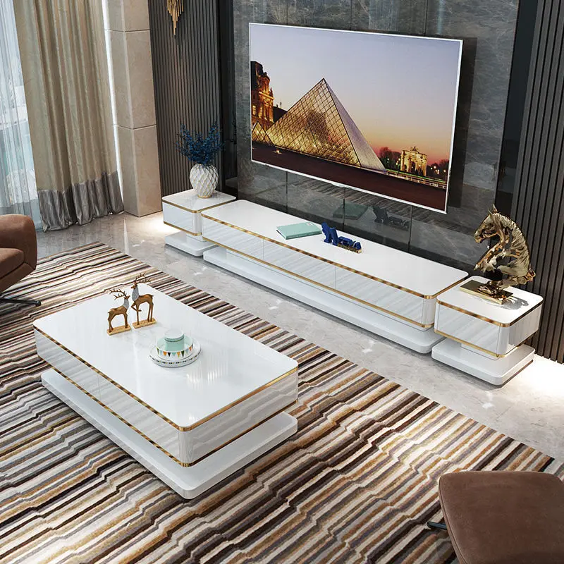High gloss Italian style modern white luxury designs TV console stand cabinet with coffee table for living room furniture