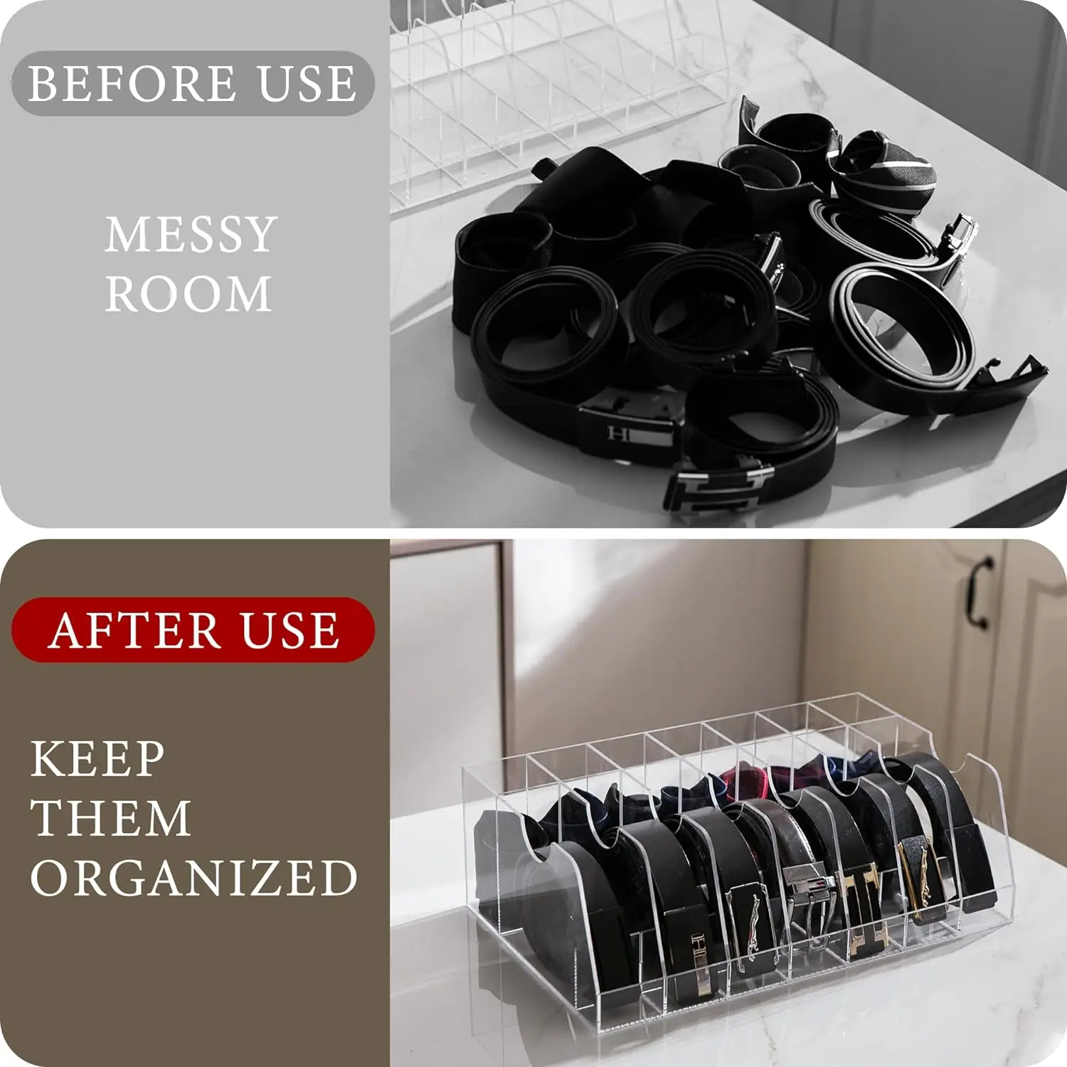 Large Acrylic Belt Organizer for Drawer 14 Compartment Neck Tie Box Storage Closet Tie Storage Holder