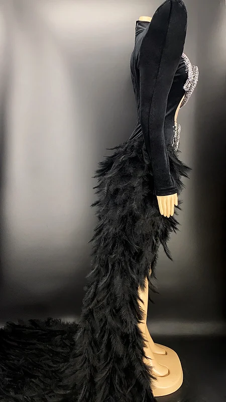 Black Feather  Dress Tail Diamond Snake Cutout Dresses For Women Goth Clothing Red Carpet