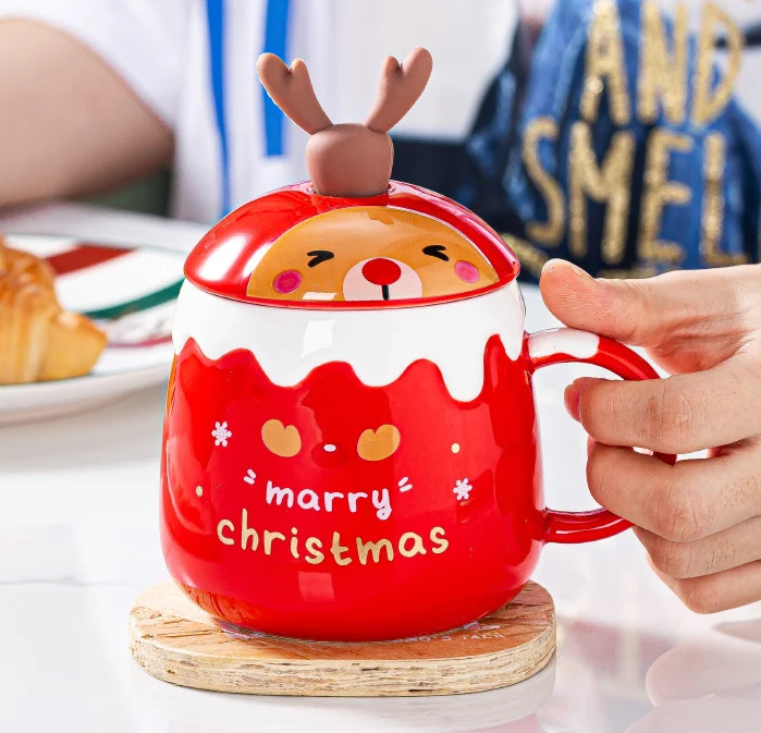 Creative Christmas Mug Cup With Spoon Cute Elk Christmas Cup Ceramic Coffee cup with lid for Christmas present