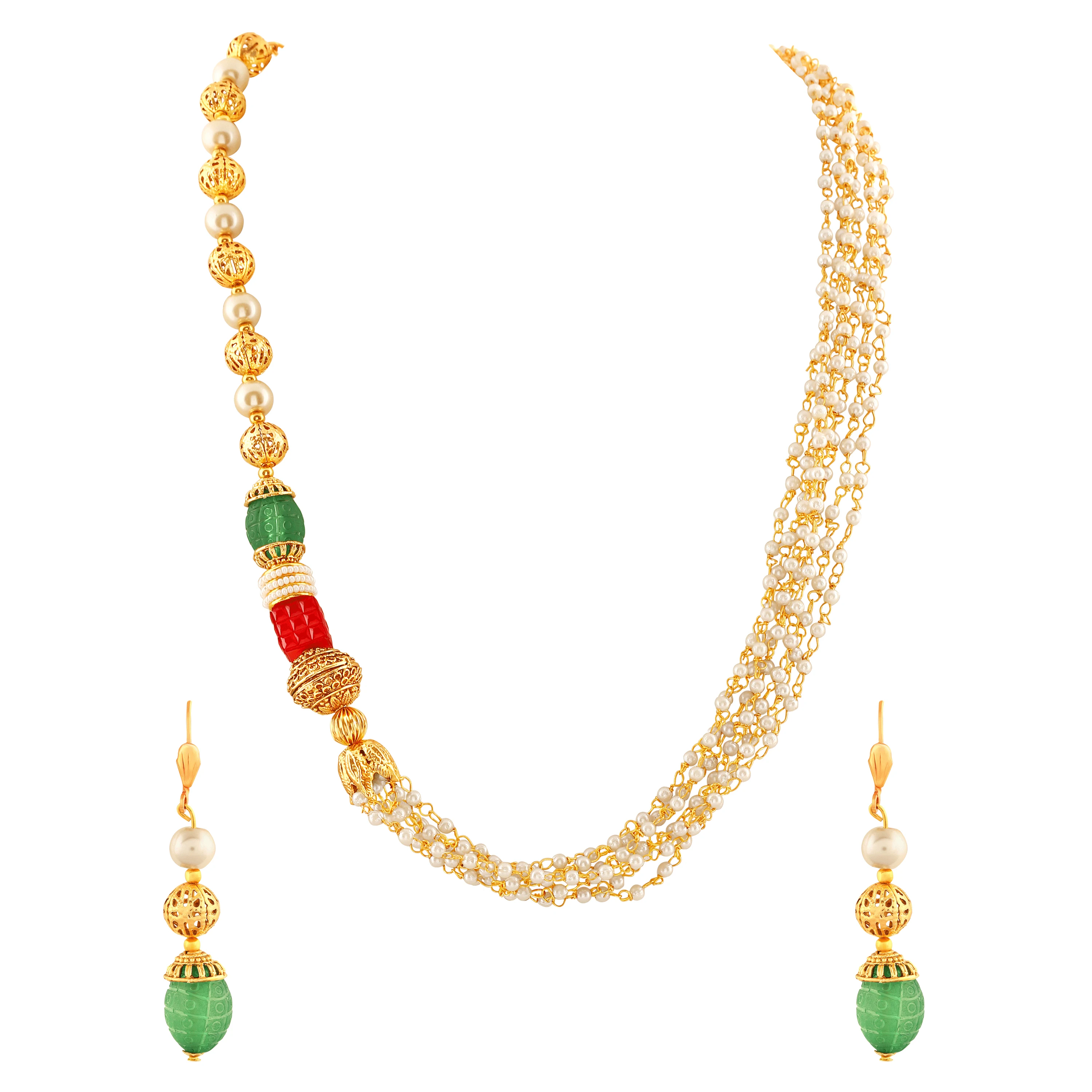 Wholesale Indian Hushab Creation Incredible Peacock Shape High Gold Plated Red Green Stone Matinee Style Necklace Set For Women