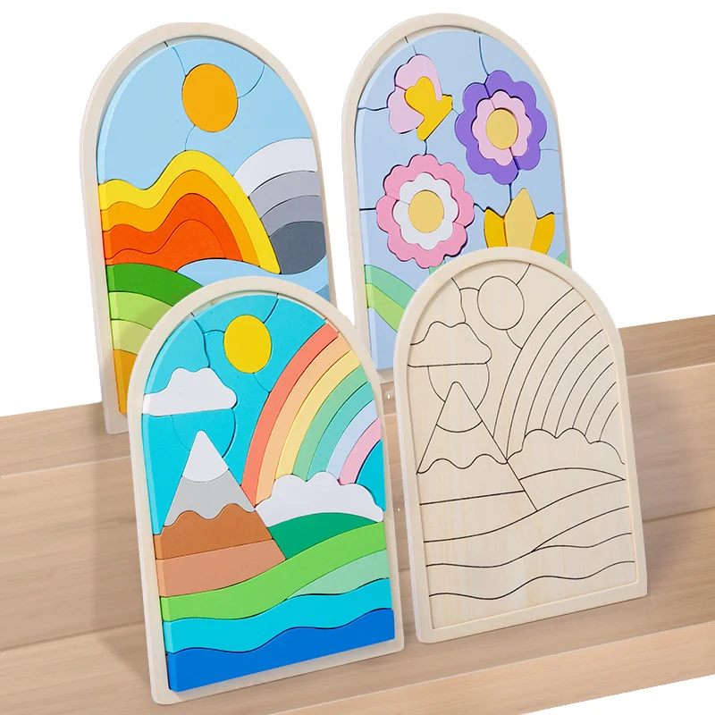 Wooden Toys For Children Cartoon Stereoscopic Puzzles Rainbow Toys Building Blocks Matching Puzzle 3d Puzzles Toys For Kids