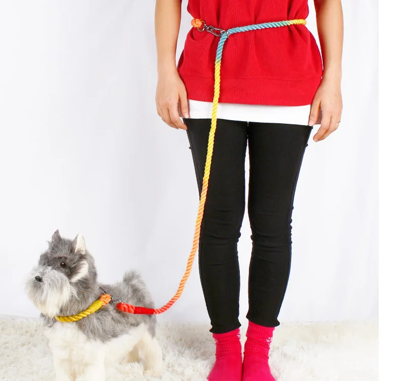 JXANRY wholesale Knitting Rainbow RunDog Leather Belt Multi-Functional Dog Lead Rope Double-Headed Pet Leash Dog Leather Belt