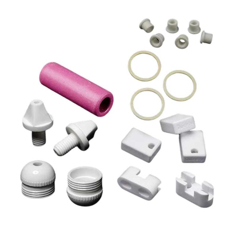 Custom machining of various precision ceramic parts ceramic nozzle screws of aluminum oxide zirconia and silicon nitride.
