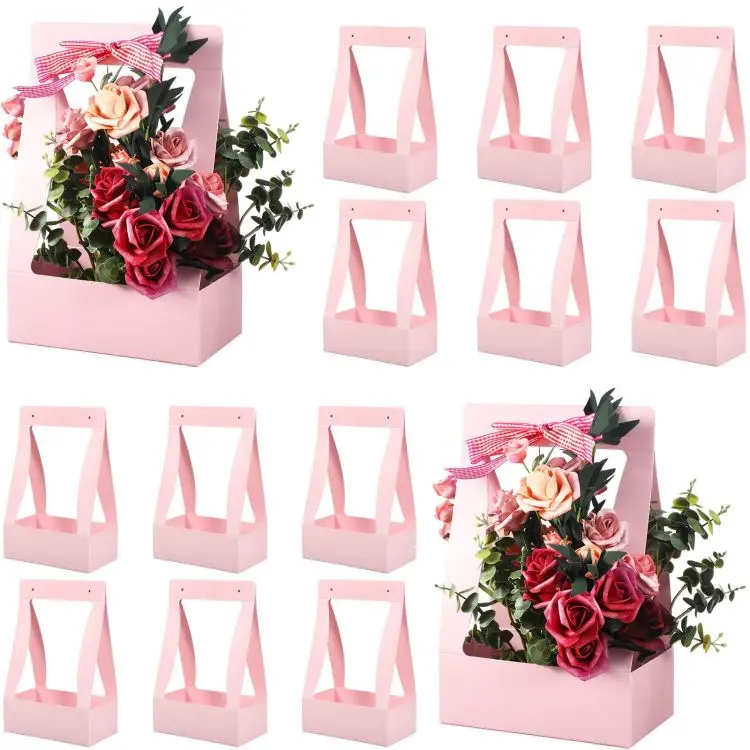 Wholesale Double Sided Water Proof Kraft Paper Portable Flower Basket Handle Carton Creative Bouquet Holiday Gift Wrapping Box