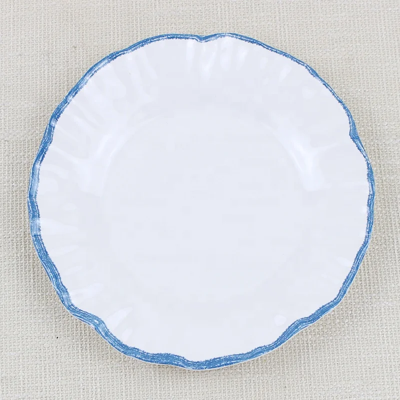Wholesale price custom round plain white unbreakable plastic tableware melamine melamine plate set 6 plates with blue wave band