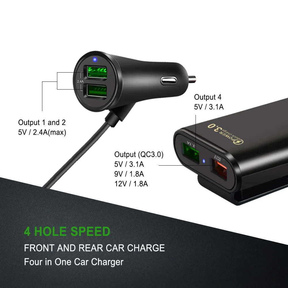 4 Port USB Car Charger Quick Charge QC3.0 5.6ft Extension Cable For iPhone 12 Xiaomi Mobile Phone Driving Recorder Fast Charging