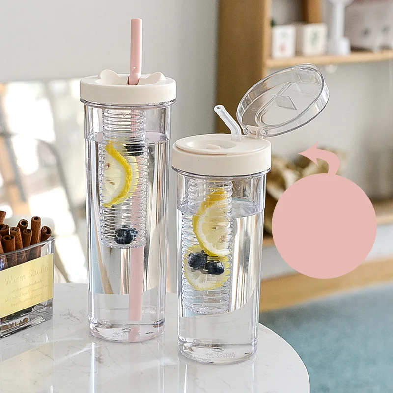 Summer hot selling student lemon juice clear filter plastic water bottle ins outdoor sport bottle with straw