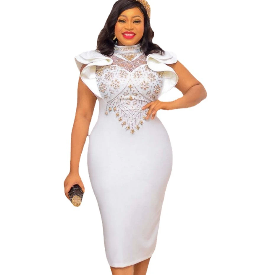 2023 new sexy High waist white elegant diamond encrusted dresses plus size Ruffle sleeve evening dress