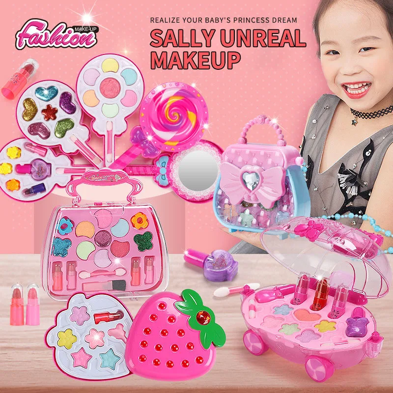 Children Practice Cosmetics Set Lipstick Nail Polish Washable Girls Makeup Toy Portable Kids Makeup Kit With Straps