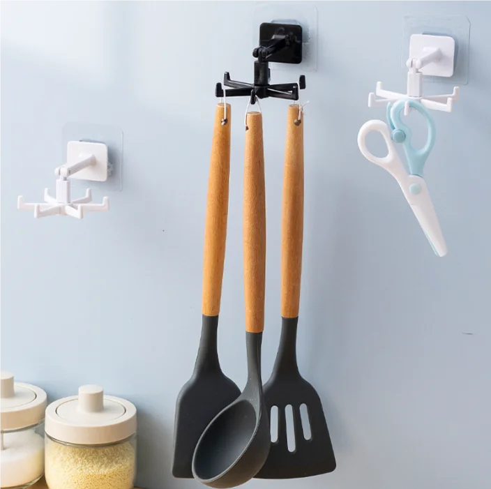 360 Rotating Kitchen Hooks Folding Wall-Mounted Holder Multi-Purpose Hook Self-Adhesive Utensil Rack with 6 Hooks
