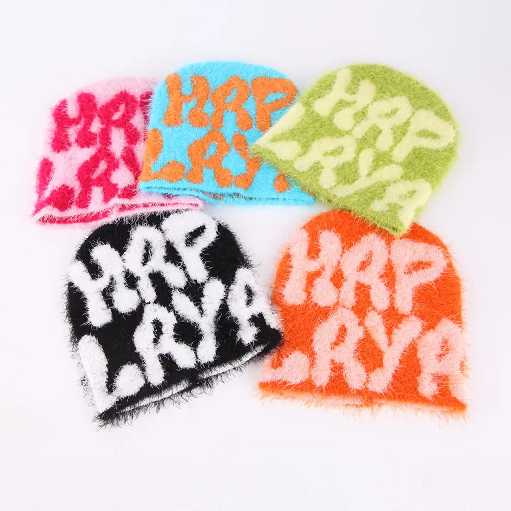 Hot Sale Unisex Y2K Style Sport Skull Beanie Jacquard Fuzzy Mohair Knit Winter Hat 3D Embroidery Custom Design for Beach Travel
