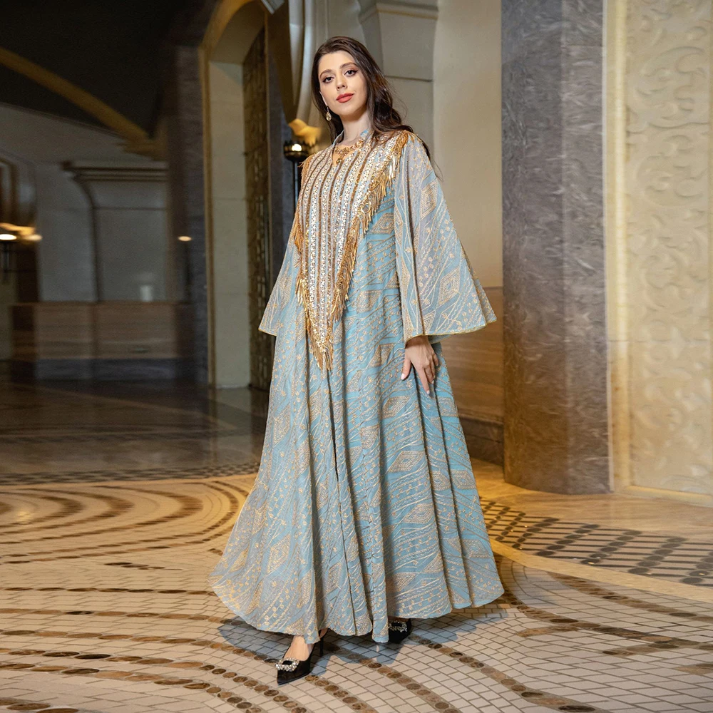 Islamic Muslim Evening Dress Arabian Dubai Mesh Embroidered Sequin Robe Jalabiya kaftan Dresses for women