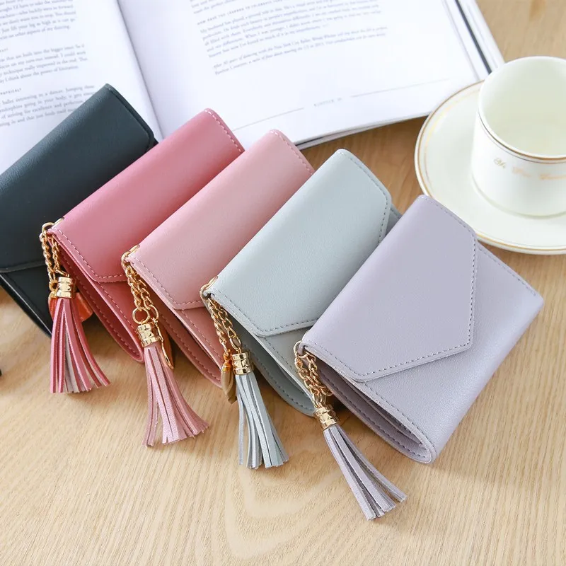 custom logo pink ladies heart pendant leather foldable card bags tassel women purse short wallet