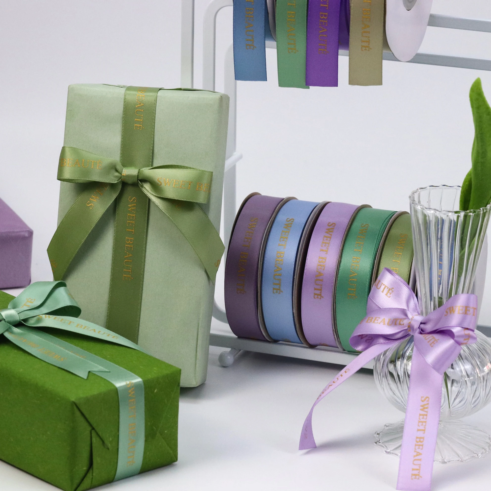 Customized 16mm wide gold ink logo satin ribbon roll for gift wrap