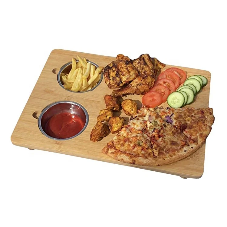 Bamboo Wood Cutting Carving & Cheese Board Wooden Chopping & Serving Board with Two Stainless Steel Bowls