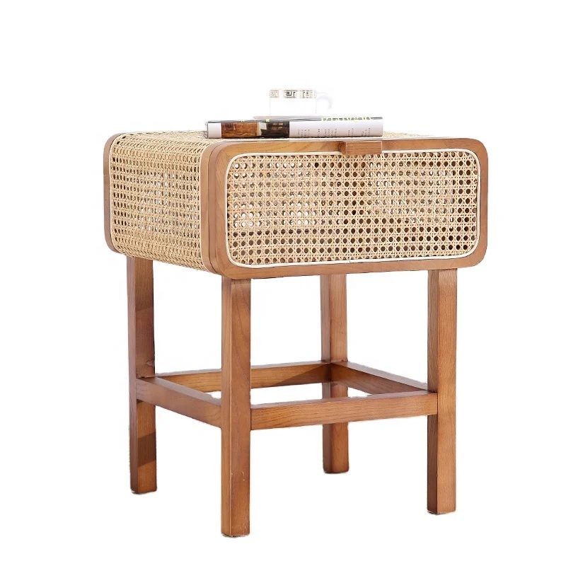 
Natural Rattan Cane Wood Bedside Night Table  (1600103960624)