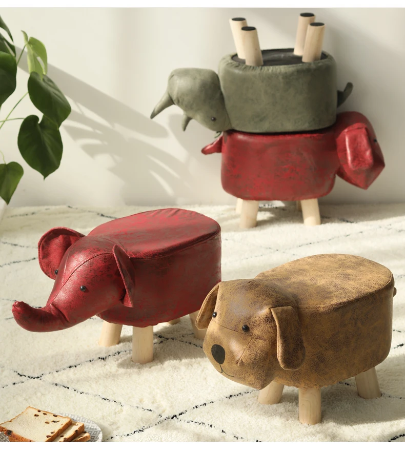 Wood Dog Children Footstool Pouf Kid Animal Ottomans Stools