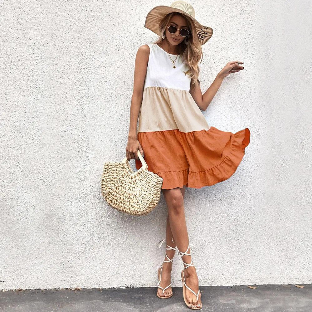 Summer solid patch work sleeveless ruffles plus size women mini casual dress