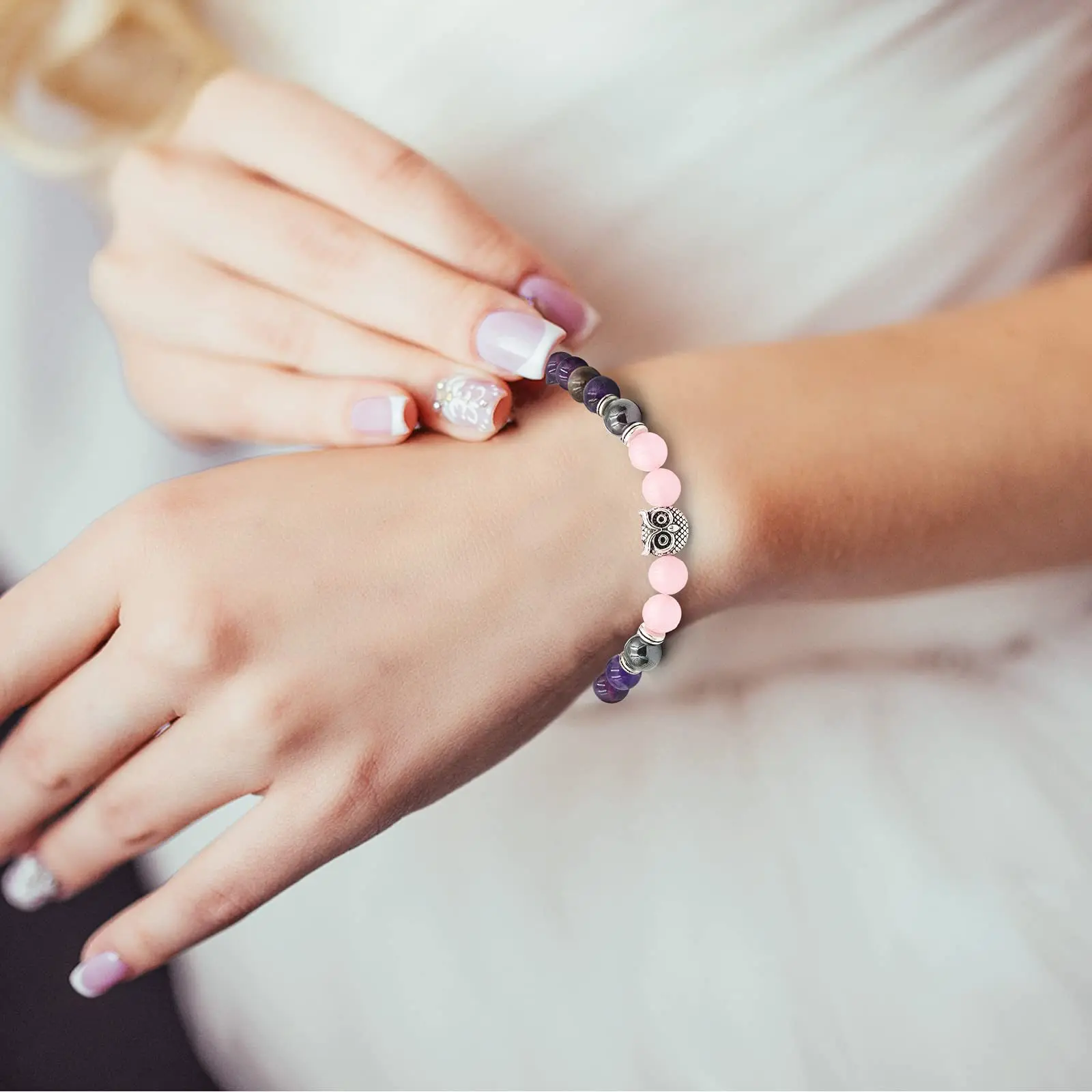 Natural crystal healing stone Amethyst rose quartz Bracelet with elephant Owl charm