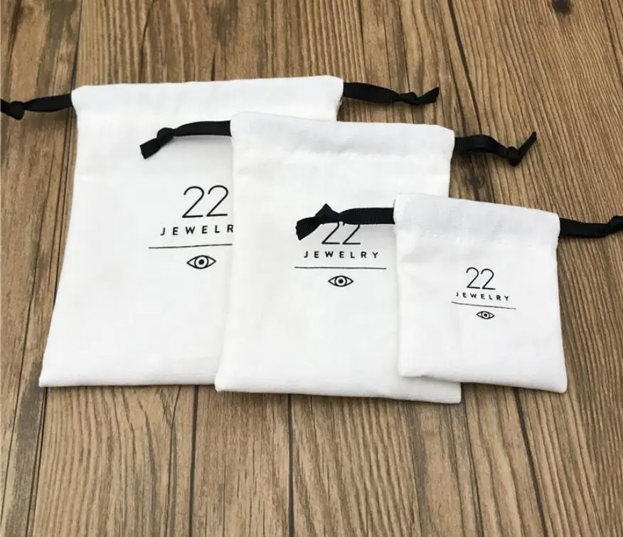 wholesale custom logo printed small organic cotton drawstring bag packaging jewelry pouch