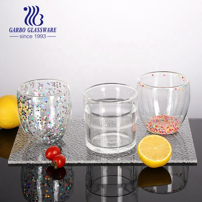275ml Borosilicate Double Wall Glass Cup Flash Chip Coffee Cup Europe Hot Sales Festival Promotion Espresso Glass Cup Set
