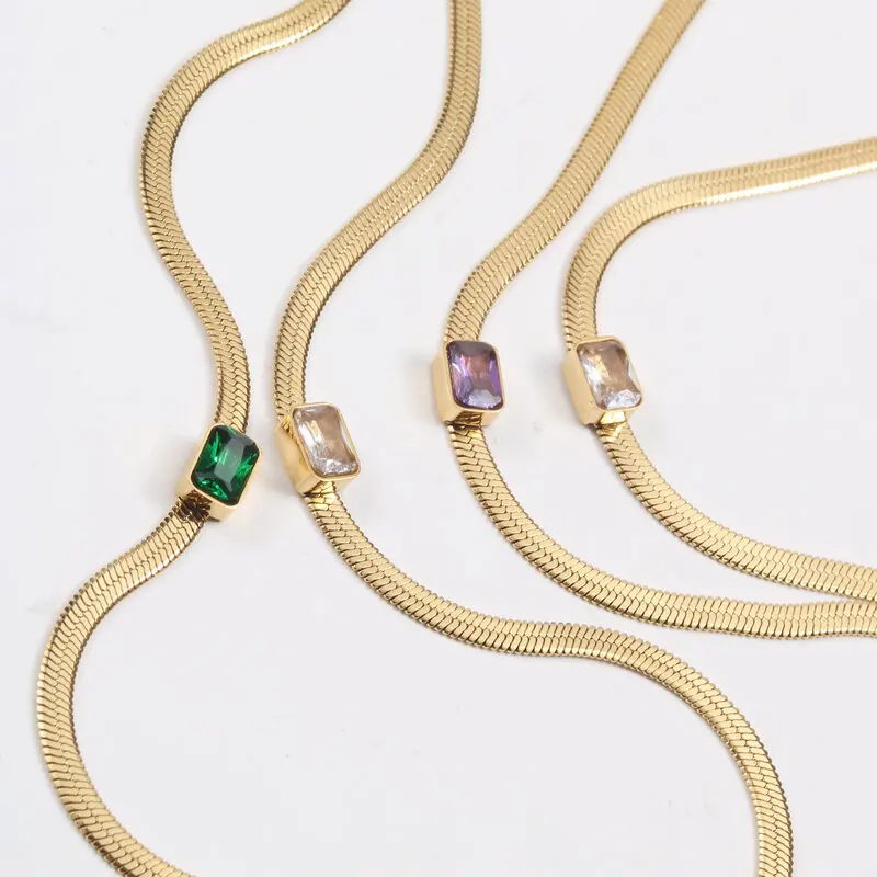FANJIN Jewelry Wholesale Snake Chain Rectangle Zirconia Herringbone Stainless Steel Necklace Non Tarnish Jewelry