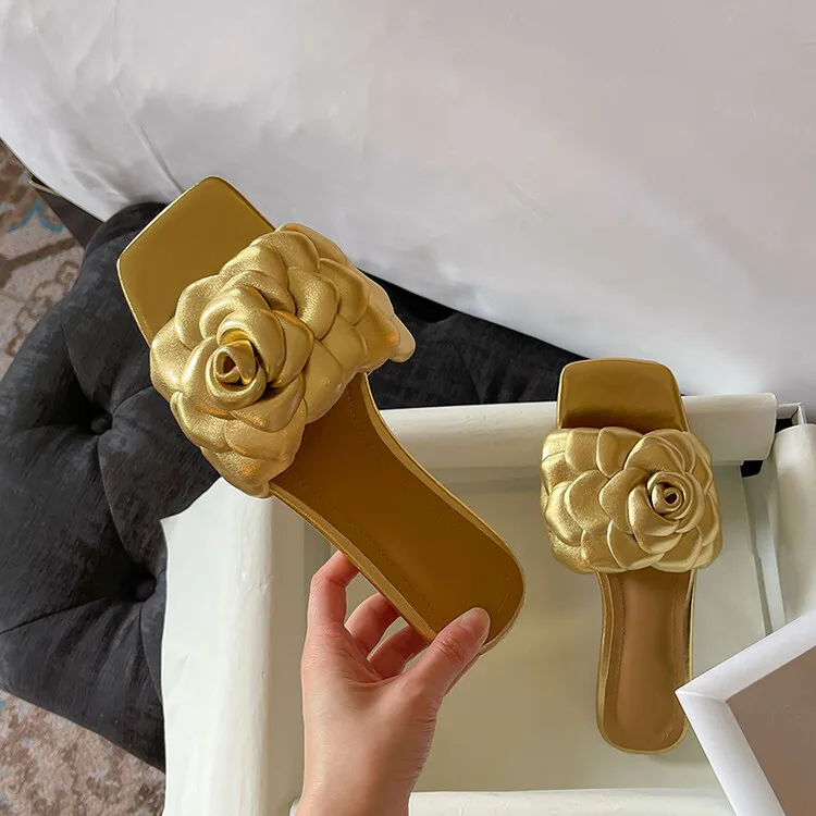 women Genuine Leather designer Summer Beach Outdoor Casual square Toe Gold flowers Slides Slipper sandals for women and ladies