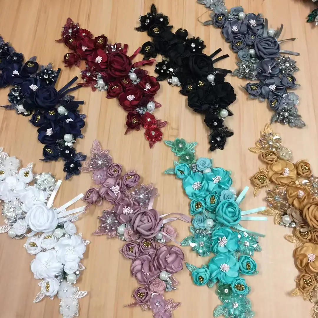 New 3D floral applique with bead rhinestone embroidery flower patch for dress