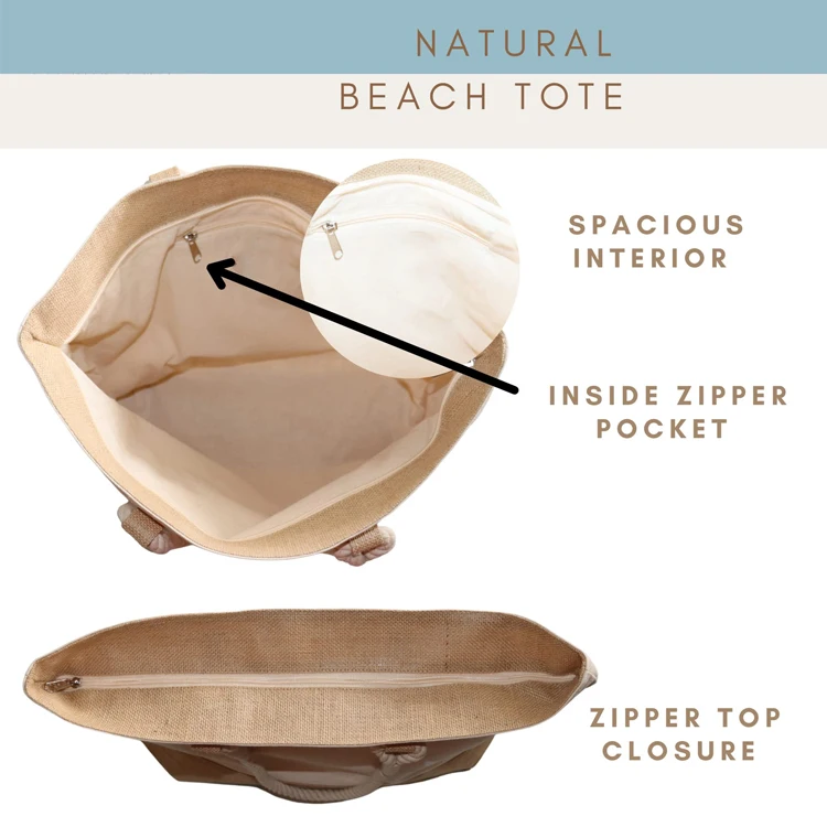 Eco Friendly Shopping Ladies Shoulder Bags Reusable Large Canvas Tote Beach Bag with Zipper and Inside Pockets