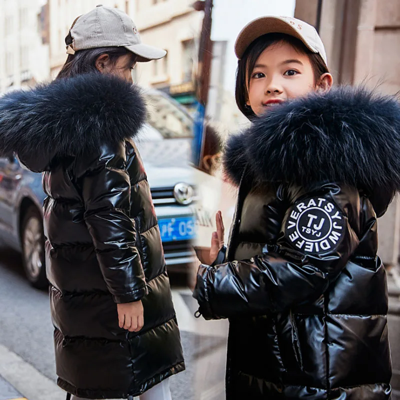 
Kids Boys Long Girls Thickening Large Fur Collar Children Down Jacket 