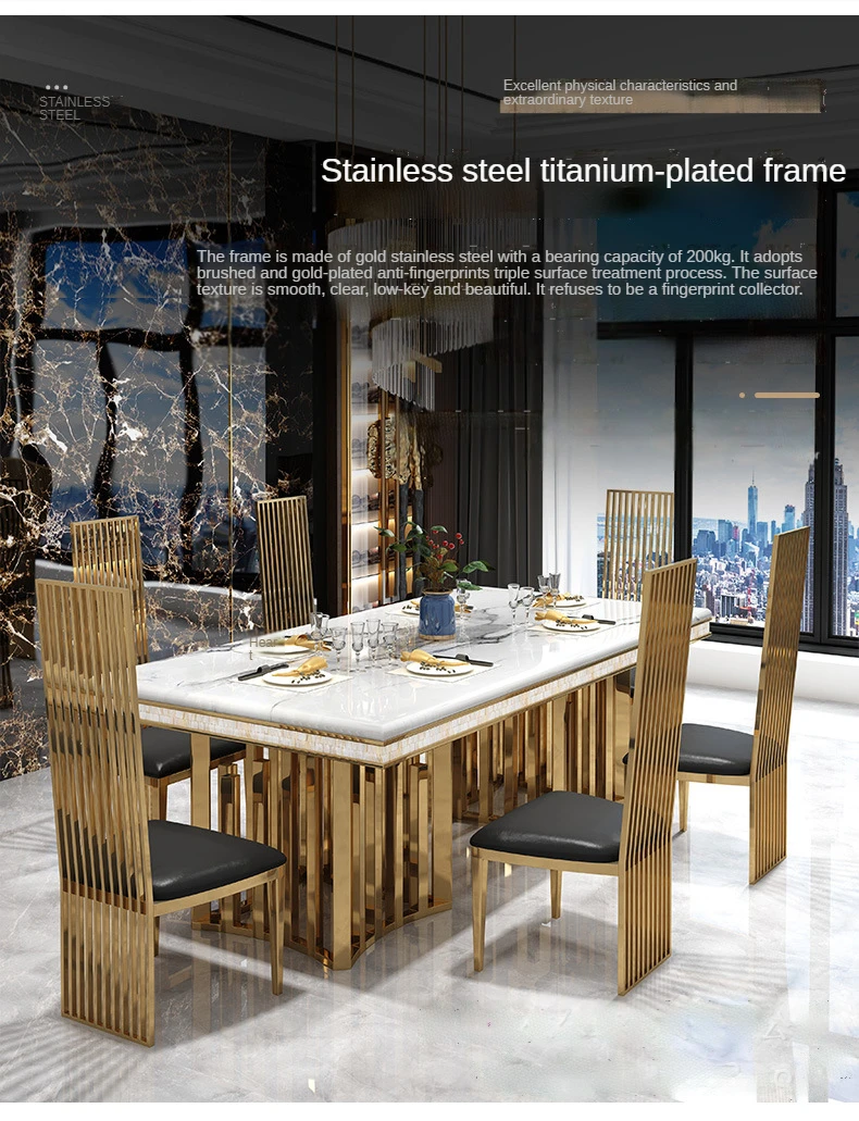 Luxury marble dining table European style furniture dining room table set stainless steel base dining table and chair