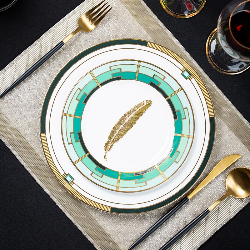 Nordic Dinner Set Wholesale Handmade Fine Bone China Wedding Plate Green Luxury Plate Set Tableware
