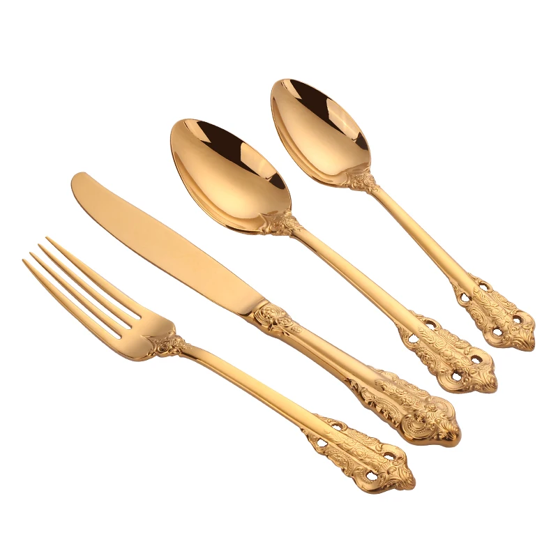 Hot Sale 2022 Royal Luxury Mirror Polish Gold Embossed Handle Stainless Steel Flatware Cutlery Set