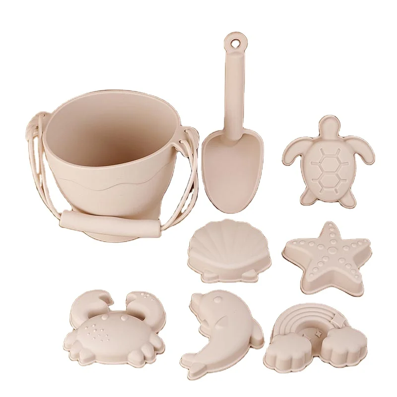 Best Selling Children Summer Outdoor BPA Free Food Grade Silicone Beige White Shovel Bucket Baby Beach Sand Toys Set for Kids