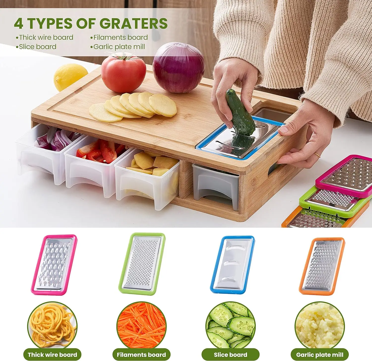 Kitchen Bamboo Cutting Boards with 4 Containers Drawer with Transparent Lid Easy for Food Prepared&Clean up